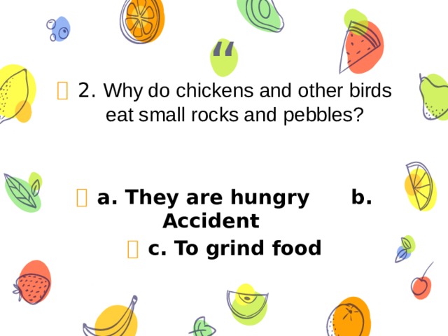 2. Why do chickens and other birds eat small rocks and pebbles?  a. They are hungry b. Accident c. To grind food 