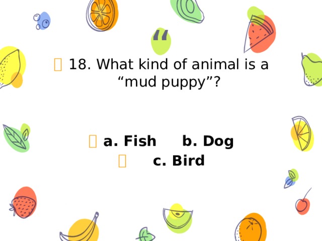 18. What kind of animal is a “mud puppy”? a. Fish b. Dog  c. Bird 
