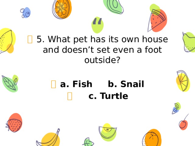 5. What pet has its own house and doesn’t set even a foot outside?  a. Fish b. Snail  c. Turtle 