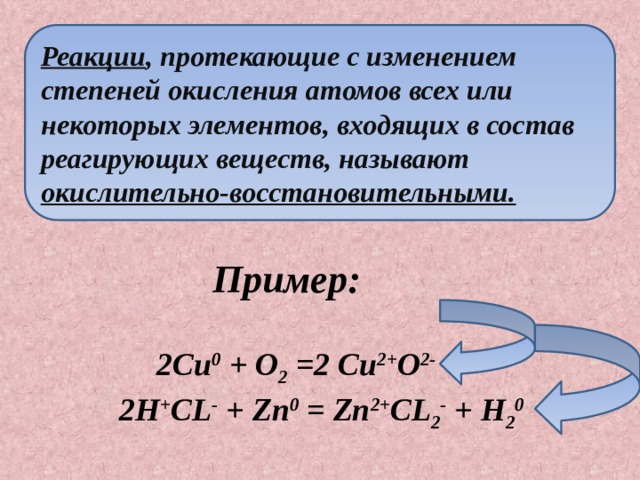 Реакции , протекающие с изменением степеней окисления атомов всех или некоторых элементов, входящих в состав реагирующих веществ, называют окислительно-восстановительными. Пример: 2Cu 0 + O 2 =2 Cu 2+ O 2- 2H + CL - + Zn 0 = Zn 2+ CL 2 - + H 2 0 