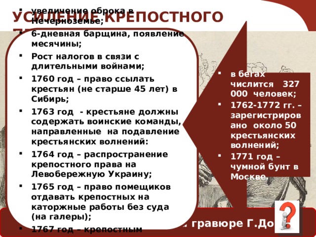 УСИЛЕНИЕ КРЕПОСТНОГО ПРАВА: в бегах числится 327 000 человек; 1762-1772 гг. – зарегистрировано около 50 крестьянских волнений; 1771 год – чумной бунт в Москве. увеличение оброка в Нечерноземье; 6-дневная барщина, появление месячины; Рост налогов в связи с длительными войнами; 1760 год – право ссылать крестьян (не старше 45 лет) в Сибирь; 1763 год - крестьяне должны содержать воинские команды, направленные на подавление крестьянских волнений: 1764 год – распространение крепостного права на Левобережную Украину; 1765 год – право помещиков отдавать крепостных на каторжные работы без суда (на галеры); 1767 год – крепостным запрещено жаловаться на помещиков. Какие сюжеты изобразили русские художники ХХ века? Вспомните, как изменялось положение крепостных крестьян в XVIII веке. «Помещики играют в карты». Художник Г.Доре . Альбом гравюр «История Святой Руси». 1854 год. Какой сюжет изобразил на гравюре Г.Доре?  