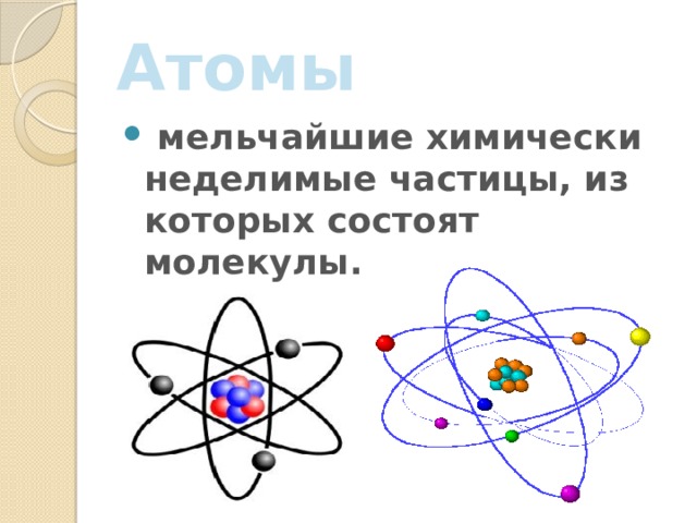 Атомы  мельчайшие химически неделимые частицы, из которых состоят молекулы. 