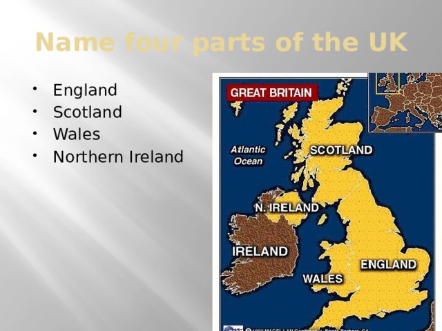 Name four parts of the UK