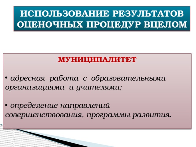 ИСПОЛЬЗОВАНИЕ РЕЗУЛЬТАТОВ ОЦЕНОЧНЫХ ПРОЦЕДУР ВЦЕЛОМ МУНИЦИПАЛИТЕТ  адресная работа с образовательными организациями и учителями;   определение направлений совершенствования, программы развития.  