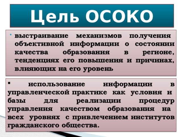Цель ОСОКО выстраивание механизмов получения объективной информации о состоянии качества образования в регионе, тенденциях его повышения и причинах, влияющих на его уровень  использование информации в управленческой практике как условия и базы для реализации процедур управления качеством образования на всех уровнях с привлечением институтов гражданского общества.    