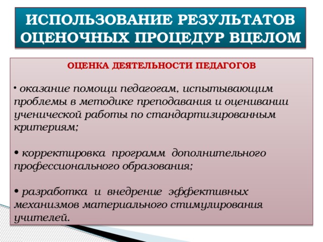 ИСПОЛЬЗОВАНИЕ РЕЗУЛЬТАТОВ ОЦЕНОЧНЫХ ПРОЦЕДУР ВЦЕЛОМ ОЦЕНКА ДЕЯТЕЛЬНОСТИ ПЕДАГОГОВ  оказание помощи педагогам, испытывающим проблемы в методике преподавания и оценивании ученической работы по стандартизированным критериям;  • корректировка программ дополнительного профессионального образования;  • разработка и внедрение эффективных механизмов материального стимулирования учителей. 