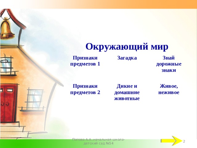 Окружающий мир Признаки предметов 1 Загадка Признаки предметов 2 Дикие и домашние животные Знай дорожные знаки  Живое, неживое  Попова А.А.,начальная школа-детский сад №54