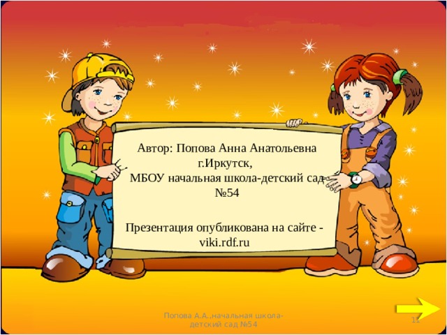 Автор:  Попова Анна Анатольевна г.Иркутск, МБОУ начальная школа-детский сад № 54 Презентация опубликована на сайте - viki.rdf.ru 6 Попова А.А.,начальная школа-детский сад №54 6