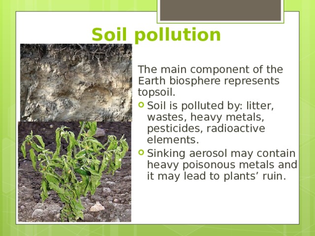 Soil pollution The main component of the Earth biosphere represents topsoil. Soil is polluted by: litter, wastes, heavy metals, pesticides, radioactive elements. Sinking aerosol may contain heavy poisonous metals and it may lead to plants’ ruin. 