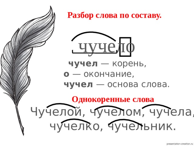 Разбор слова по составу.    чучело  чучел  — корень,  о  — окончание,  чучел  — основа слова. Однокоренные слова  Чучелой, чучелом, чучела, чучелко, чучельник. 