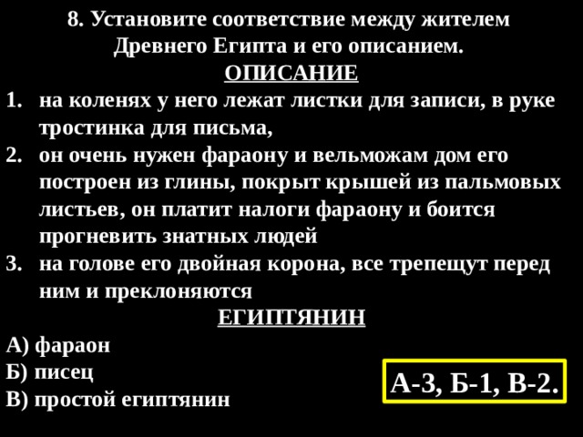 8. Установите соответствие между жителем Древнего Египта и его описанием. ОПИСАНИЕ на коленях у него лежат листки для записи, в руке тростинка для письма, он очень нужен фараону и вельможам дом его построен из глины, покрыт крышей из пальмовых листьев, он платит налоги фараону и боится прогневить знатных людей на голове его двойная корона, все трепещут перед ним и преклоняются  ЕГИПТЯНИН А) фараон Б) писец В) простой египтянин А-3, Б-1, В-2. 