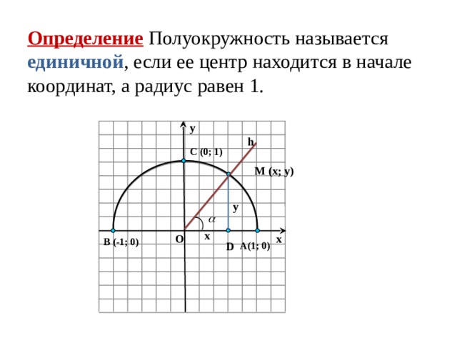 Определение  Полуокружность называется единичной , если ее центр находится в начале координат, а радиус равен 1. y h C (0; 1) M (x; y) y x x O B (-1; 0) A(1; 0) D 