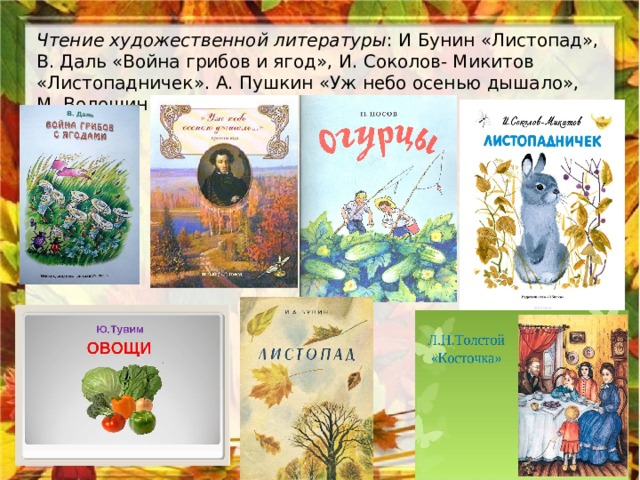 Чтение художественной литературы : И Бунин «Листопад», В. Даль «Война грибов и ягод», И. Соколов- Микитов «Листопадничек». А. Пушкин «Уж небо осенью дышало», М. Волошин «Осенью». 