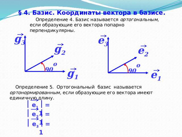 § 4. Базис. Координаты вектора в базисе.   Определение 4. Базис называется ортогональным , если образующие его вектора попарно перпендикулярны. g 3 e 3 g 2 e 2 90 o 90 o g 1 e 1  Определение 5. Ортогональный базис называется ортонормированным , если образующие его вектора имеют единичную длину. e 1 = 1 e 2 = 1 e 3 = 1 26 