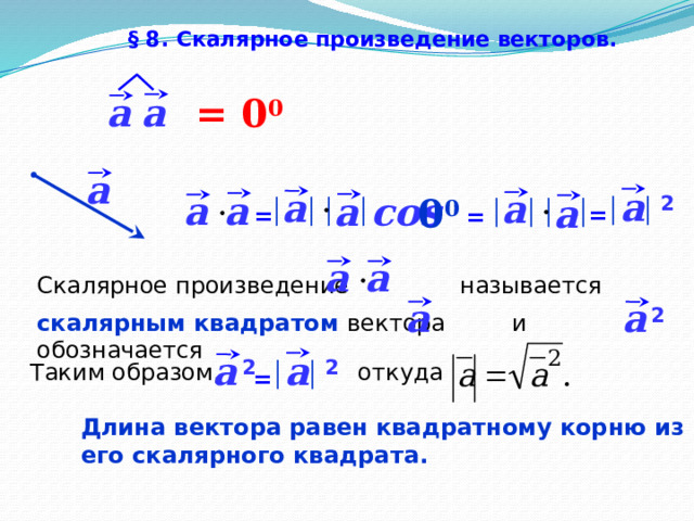 § 8. Скалярное произведение векторов.  a a =  0 0 a a  2  a a a a a cos a 0 0  = = = a a Скалярное произведение называется скалярным квадратом вектора и обозначается   a a  2 a  2  a  2 Таким образом, откуда = Длина вектора равен квадратному корню из его скалярного квадрата.  47 