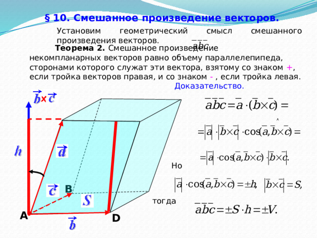 § 10. Смешанное произведение векторов.  Установим геометрический смысл смешанного произведения векторов.  Теорема 2. Смешанное произведение некомпланарных векторов равно объему параллелепипеда, сторонами которого служат эти вектора, взятому со знаком + , если тройка векторов правая, и со знаком - , если тройка левая. Доказательство.  Но В тогда А D 60 