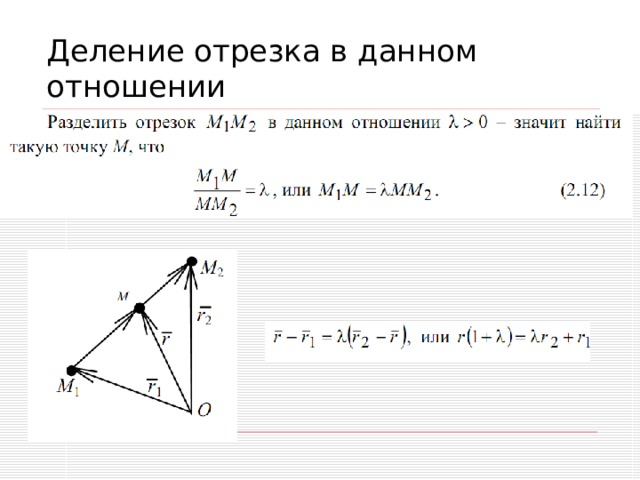 Координаты точки делящей отрезок. Формула деления деление отрезка в данном отношении. Деление отрезка в данном отношении вывод формулы. Деление отрезка в данном отношении векторы.