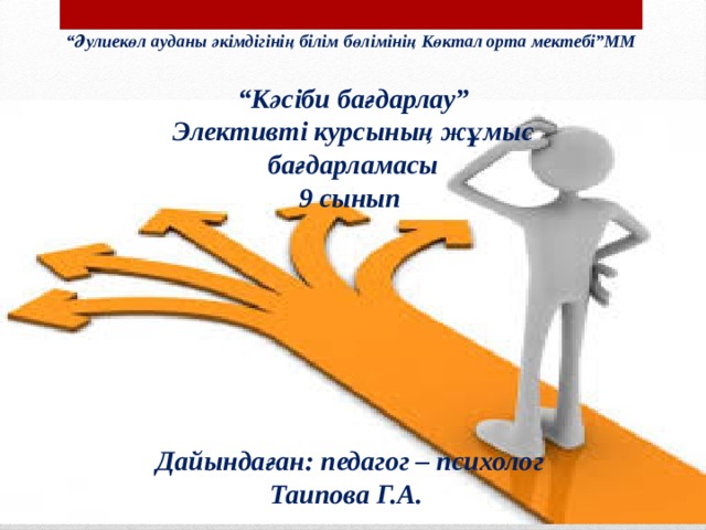 “ Әулиекөл ауданы әкімдігінің білім бөлімінің Көктал орта мектебі”ММ “ Кәсіби бағдарлау” Элективті курсының жұмыс бағдарламасы 9 сынып        Дайындаған: педагог – психолог Таипова Г.А. 