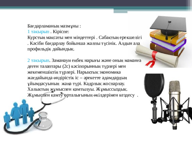 Бағдарламаның мазмұны :  1 тақырып . Кіріспе:  Курстың мақсаты мен міндеттері . Сабақтың ерекшелігі . Кәсіби бағдарлау бойынша жалпы түсінік. Алдын ала профильдік дайындық.     2 тақырып . Заманауи еңбек нарығы және оның маманға деген талаптары (2с) кәсіпорынның түрлері мен жекеменшіктің түрлері. Нарықтық экономика жағдайында өндірістік іс – әрекетте адамдардың ұйымдасуының жаңа түрі. Кадрлық жоспарлау. Халықтың жұмыспен қамтылуы. Жұмыссыздық. Жұмыспен қамту орталығының өкілдерімен кездесу .   
