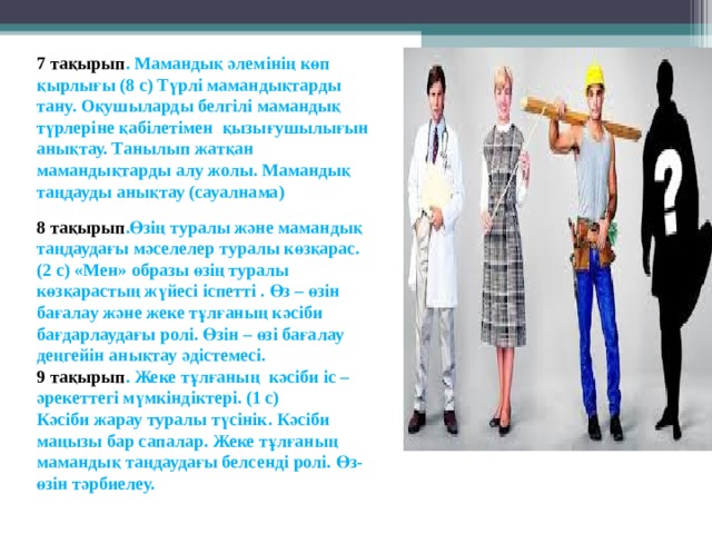 7 тақырып . Мамандық әлемінің көп қырлығы (8 с) Түрлі мамандықтарды тану. Оқушыларды белгілі мамандық түрлеріне қабілетімен қызығушылығын анықтау. Танылып жатқан мамандықтарды алу жолы. Мамандық таңдауды анықтау (сауалнама)   8 тақырып .Өзің туралы және мамандық таңдаудағы мәселелер туралы көзқарас. (2 с) «Мен» образы өзің туралы көзқарастың жүйесі іспетті . Өз – өзін бағалау және жеке тұлғаның кәсіби бағдарлаудағы ролі. Өзін – өзі бағалау деңгейін анықтау әдістемесі.  9 тақырып . Жеке тұлғаның кәсіби іс – әрекеттегі мүмкіндіктері. (1 с)  Кәсіби жарау туралы түсінік. Кәсіби маңызы бар сапалар. Жеке тұлғаның мамандық таңдаудағы белсенді ролі. Өз- өзін тәрбиелеу.    