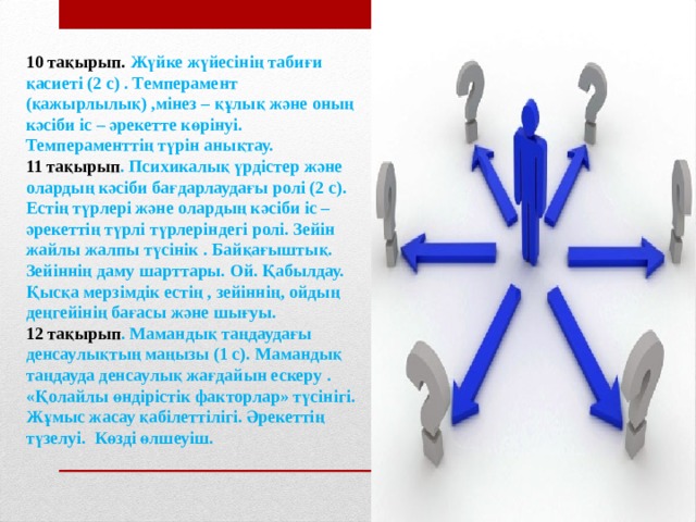 10 тақырып. Жүйке жүйесінің табиғи қасиеті (2 с) . Темперамент (қажырлылық) ,мінез – құлық және оның кәсіби іс – әрекетте көрінуі. Темпераменттің түрін анықтау. 11 тақырып . Психикалық үрдістер және олардың кәсіби бағдарлаудағы ролі (2 с). Естің түрлері және олардың кәсіби іс – әрекеттің түрлі түрлеріндегі ролі. Зейін жайлы жалпы түсінік . Байқағыштық. Зейіннің даму шарттары. Ой. Қабылдау. Қысқа мерзімдік естің , зейіннің, ойдың деңгейінің бағасы және шығуы. 12 тақырып . Мамандық таңдаудағы денсаулықтың маңызы (1 с). Мамандық таңдауда денсаулық жағдайын ескеру . «Қолайлы өндірістік факторлар» түсінігі. Жұмыс жасау қабілеттілігі. Әрекеттің түзелуі. Көзді өлшеуіш.  
