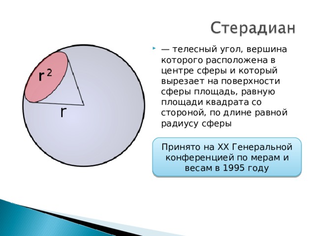 — телесный угол, вершина которого расположена в центре сферы и который вырезает на поверхности сферы площадь, равную площади квадрата со стороной, по длине равной радиусу сферы Принято на ХХ Генеральной конференцией по мерам и весам в 1995 году 