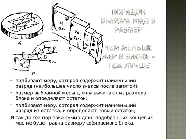 подбирают меру, которая содержит наименьший разряд (наибольшее число знаков после запятой); размер выбранной меры длины вычитают из размера блока и определяют остаток; подбирают меру, которая содержит наименьший разряд из остатка, и определяют новый остаток; И так до тех пор пока сумма длин подобранных концевых мер не будет равна размеру собираемого блока. 