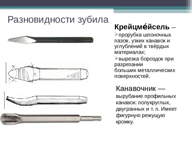 Разновидности зубила Крейцме́йсель  ─ прорубка шпоночных пазов, узких канавок и углублений в твёрдых материалах; вырезка бороздок при разрезании больших металлических поверхностей. Канавочник — вырубание профильных канавок: полукруглых, двугранных и т. п. Имеет фигурную режущую кромку. 