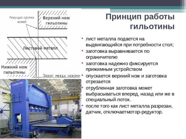 Принцип работы гильотины лист металла подается на выдвигающийся при потребности стол; заготовка выравнивается по ограничителю заготовка надежно фиксируется прижимным устройством опускается верхний нож и заготовка отрезается отрубленная заготовка может выбрасываться вперед, назад или же в специальный лоток. после того как лист металла разрезан, датчик, отключаетмотор-редуктор. 