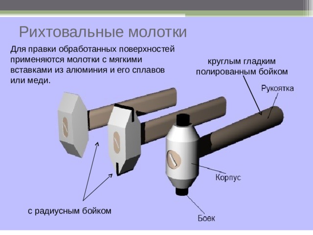 Рихтовальные молотки Для правки обработанных поверхностей применяются молотки с мягкими вставками из алюминия и его сплавов или меди. круглым гладким полированным бойком с радиусным бойком 
