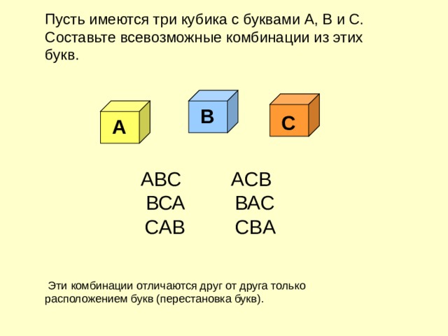 Пусть имеются три кубика с буквами А, В и С. Составьте всевозможные комбинации из этих букв. ABC АСВ  ВСА ВАС  CAB CBA В С А 