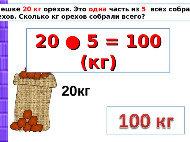 В мешке 20 кг орехов. Это одна часть из 5 всех собранных орехов. Сколько кг орехов собрали всего? 20 ● 5 = 100 (кг) 20кг 