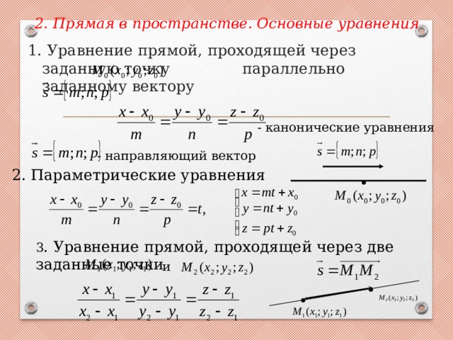 Уравнение прямой проходящей через 2 заданные точки. Уравнение прямой проходящей через точку параллельно вектору. Прямая в пространстве общее уравнение. Параметрические уравнения аналитическая геометрия. Каноническое уравнение прямой проходящей через 2 точки.