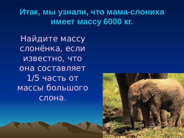 Итак, мы узнали, что мама-слониха имеет массу 6000 кг.  Найдите массу слонёнка, если известно, что она составляет 1/5 часть от массы большого слона. 