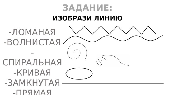 ЗАДАНИЕ: ИЗОБРАЗИ ЛИНИЮ -ЛОМАНАЯ -ВОЛНИСТАЯ -СПИРАЛЬНАЯ -КРИВАЯ -ЗАМКНУТАЯ -ПРЯМАЯ 