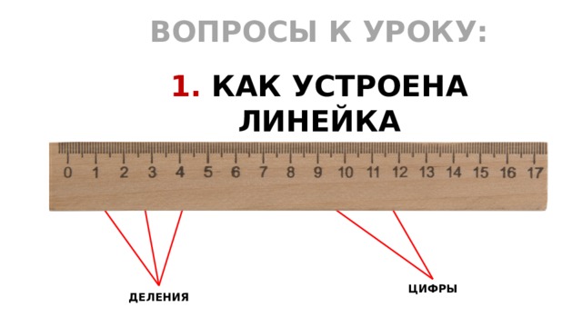 ВОПРОСЫ К УРОКУ:  1. КАК УСТРОЕНА ЛИНЕЙКА   ЦИФРЫ ДЕЛЕНИЯ 