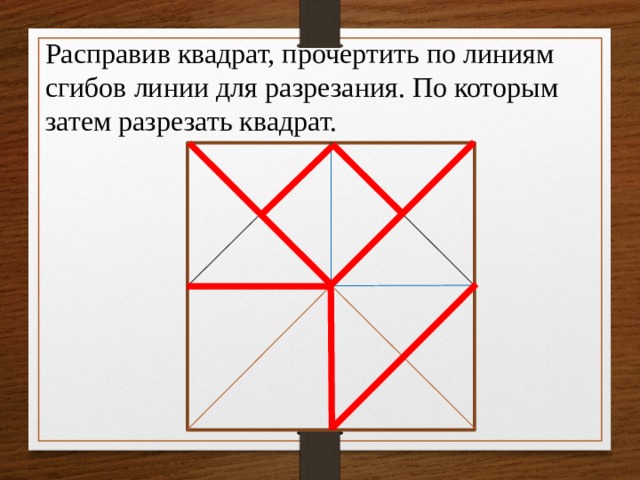 Расправив квадрат, прочертить по линиям сгибов линии для разрезания. По которым затем разрезать квадрат. 