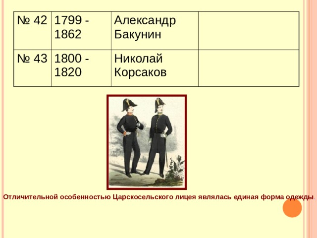 № 42 1799 - 1862 № 43 1800 - 1820 Александр Бакунин Николай Корсаков Отличительной особенностью  Царскосельского  лицея являлась единая форма одежды . 