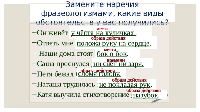 Во все горло фразеологизм наречием. Фразеологизмы с наречиями. Замени фразеологизм наречием. Фразеологизмы с наречиями примеры. Виды обстоятельств 8 класс.