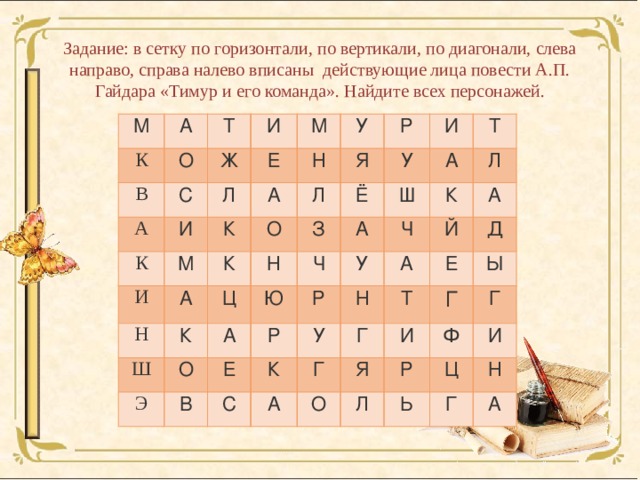 Кроссворд по произведениям гайдара. Филворд по произведениям Гайдара. Кроссворд по книге Гайдара Тимур и его команда. Кроссворд по произведению Тимур и его команда с ответами. Филворды по горизонтали и вертикали.