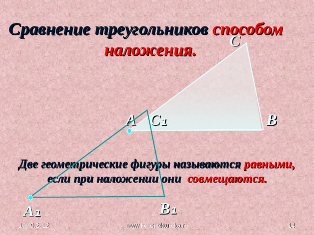 Сравнение треугольников  способом  наложения. С А С ₁ В Две геометрические фигуры называются равными,  если при наложении они совмещаются. В ₁ А ₁  www.konspekturoka.ru 19.09.2012 