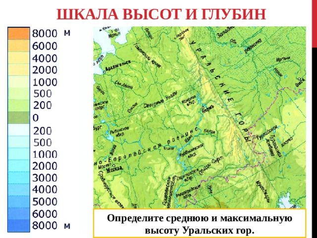  Шкала высот и глубин Определите среднюю и максимальную высоту Уральских гор. 