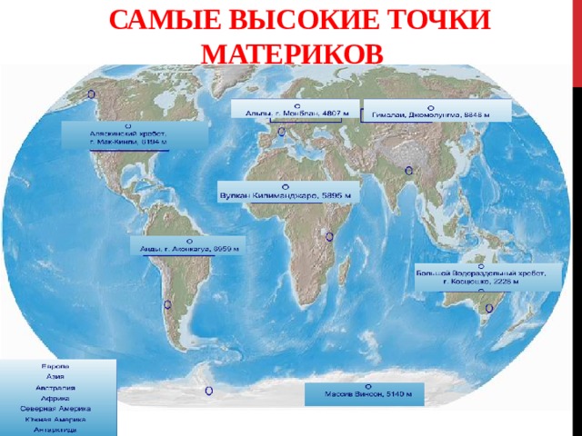 Самая высокая карта. Самые высокие точки материков на карте. Самые высокие вершины на карте. Самые высокие вершины материков на карте. Самые высокие точки материков на контурной карте.