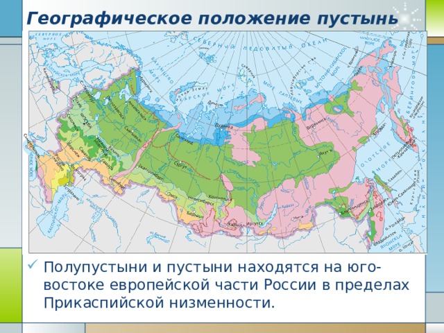 Географическое положение пустынь Полупустыни и пустыни находятся на юго-востоке европейской части России в пределах Прикаспийской низменности. 