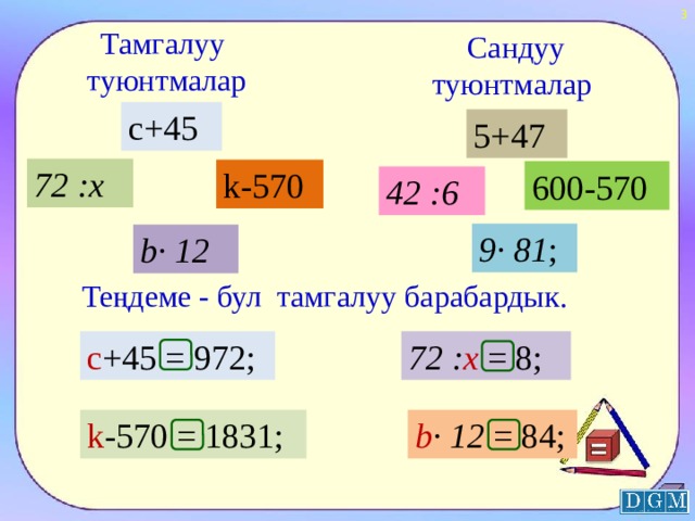  Тамгалуу туюнтмалар  Сандуу туюнтмалар с+45 5+47 72 :x k-570 600-570 42 :6 9·  81 ; b·  12 Теңдеме - бул тамгалуу барабардык. с +45 = 972; 72 : x = 8; b ·  12  = 84; k -570 = 1831;  