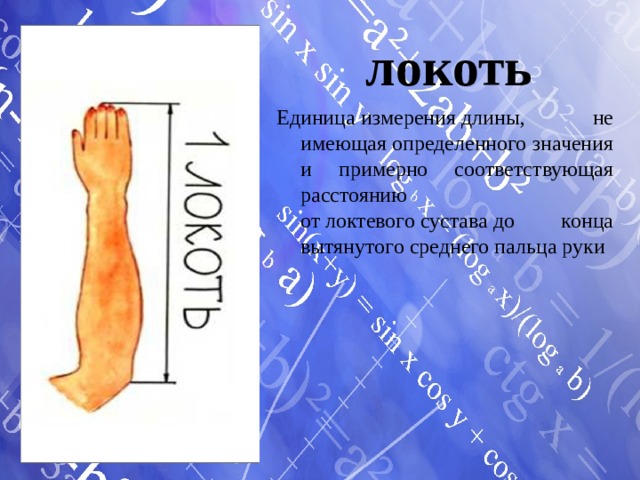 локоть Единица измерения длины, не имеющая определенного значения и примерно соответствующая расстоянию от локтевого сустава до конца вытянутого среднего пальца руки 
