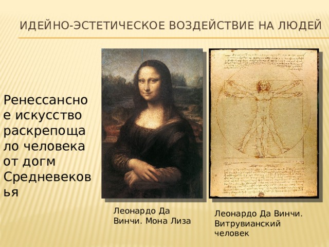 идейно-эстетическое воздействие на людей Ренессансное искусство раскрепощало человека от догм Средневековья Леонардо Да Винчи. Мона Лиза Леонардо Да Винчи. Витрувианский человек 