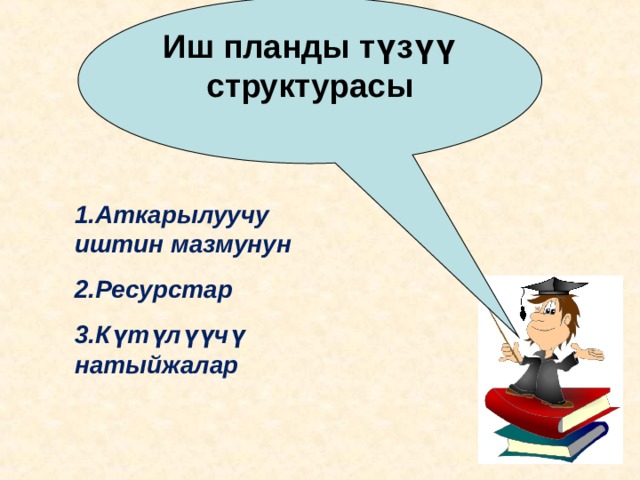 Иш планды түзүү структурасы 1.Аткарылуучу иштин мазмунун 2.Ресурстар 3.Күтүлүүчү натыйжалар 