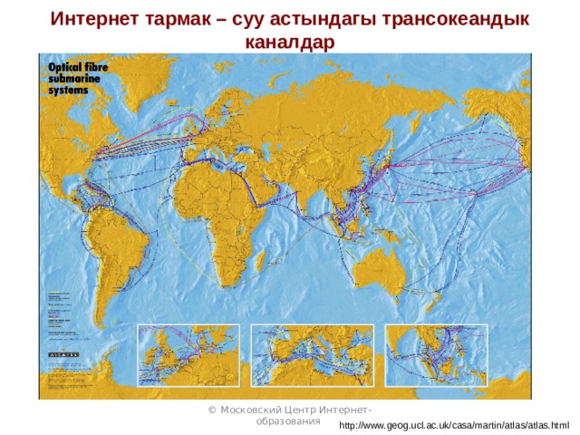 Интернет тармак – суу астындагы трансокеандык каналдар Сеть Интернет – подводные трансокеанские каналы © Московский Центр Интернет-образования http://www.geog.ucl.ac.uk/casa/martin/atlas/atlas.html 30 