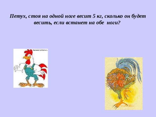  Петух, стоя на одной ноге весит 5 кг, сколько он будет весить, если встанет на обе ноги?   